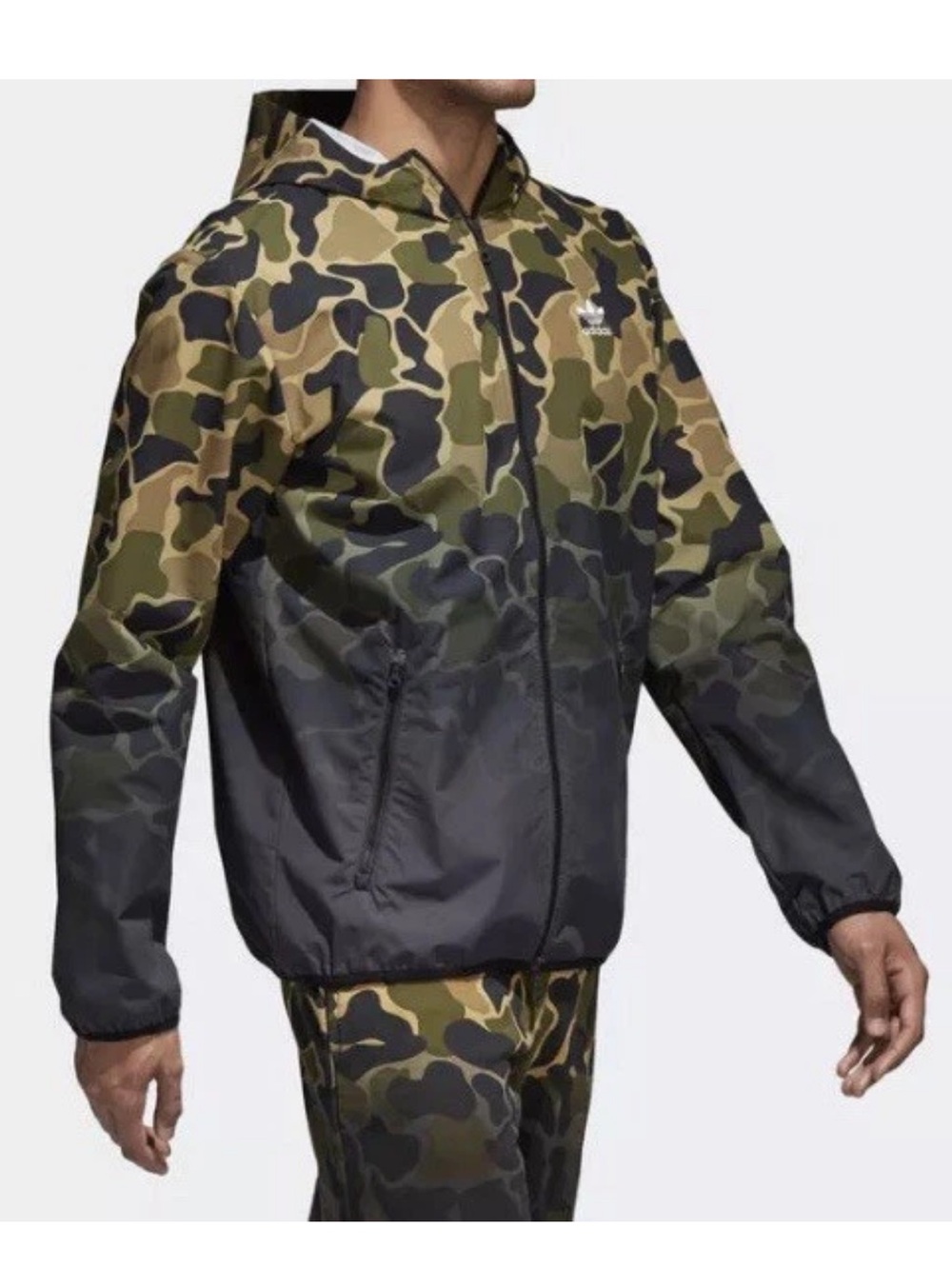 Adidas Original Men's Camo Hooded Windbreaker Jacket - Olive/Black
